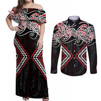 Red Aotearoa Tukutuku Manawa Tapu Couples Matching Off Shoulder Maxi Dress and Long Sleeve Button Shirt Ta Moko Toi Maori