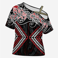 Red Aotearoa Tukutuku Manawa Tapu Cross Shoulder Shirt Ta Moko Toi Maori - Polynesian Pride