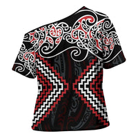 Red Aotearoa Tukutuku Manawa Tapu Cross Shoulder Shirt Ta Moko Toi Maori - Polynesian Pride