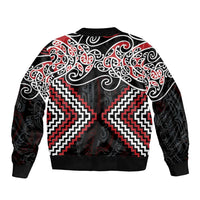 Red Aotearoa Tukutuku Manawa Tapu Sleeve Zip Bomber Jacket Ta Moko Toi Maori