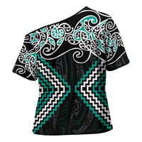Turquoise Aotearoa Tukutuku Manawa Tapu Cross Shoulder Shirt Ta Moko Toi Maori - Polynesian Pride