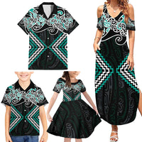 Turquoise Aotearoa Tukutuku Manawa Tapu Family Matching Summer Maxi Dress and Hawaiian Shirt Ta Moko Toi Maori