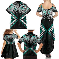 Turquoise Aotearoa Tukutuku Manawa Tapu Family Matching Summer Maxi Dress and Hawaiian Shirt Ta Moko Toi Maori