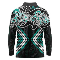 Turquoise Aotearoa Tukutuku Manawa Tapu Long Sleeve Polo Shirt Ta Moko Toi Maori