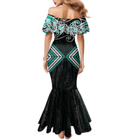 Turquoise Aotearoa Tukutuku Manawa Tapu Mermaid Dress Ta Moko Toi Maori