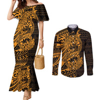Gold Couple Dolphins Maori Polynesian Style Couples Matching Mermaid Dress and Long Sleeve Button Shirt LT9 Gold - Polynesian Pride