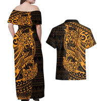 Gold Couple Dolphins Maori Polynesian Style Couples Matching Off Shoulder Maxi Dress and Hawaiian Shirt LT9 - Polynesian Pride