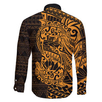 Gold Couple Dolphins Maori Polynesian Style Family Matching Off Shoulder Short Dress and Hawaiian Shirt