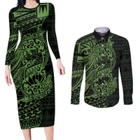 Green Couple Dolphins Maori Polynesian Style Couples Matching Long Sleeve Bodycon Dress and Long Sleeve Button Shirt LT9 Green - Polynesian Pride