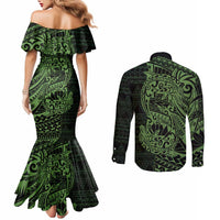 Green Couple Dolphins Maori Polynesian Style Couples Matching Mermaid Dress and Long Sleeve Button Shirt LT9 - Polynesian Pride