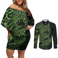 Green Couple Dolphins Maori Polynesian Style Couples Matching Off Shoulder Short Dress and Long Sleeve Button Shirt LT9 Green - Polynesian Pride