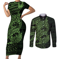 Green Couple Dolphins Maori Polynesian Style Couples Matching Short Sleeve Bodycon Dress and Long Sleeve Button Shirt LT9 Green - Polynesian Pride