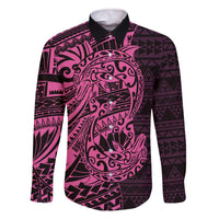 Pink Couple Dolphins Maori Polynesian Style Family Matching Off The Shoulder Long Sleeve Dress and Hawaiian Shirt
