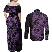 Purple Couple Dolphins Maori Polynesian Style Couples Matching Off Shoulder Maxi Dress and Long Sleeve Button Shirt LT9 - Polynesian Pride
