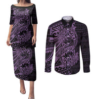 Purple Couple Dolphins Maori Polynesian Style Couples Matching Puletasi and Long Sleeve Button Shirt LT9 Purple - Polynesian Pride