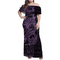 Purple Couple Dolphins Maori Polynesian Style Family Matching Off Shoulder Maxi Dress and Hawaiian Shirt