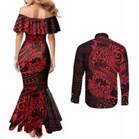 Red Couple Dolphins Maori Polynesian Style Couples Matching Mermaid Dress and Long Sleeve Button Shirt LT9 - Polynesian Pride