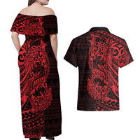 Red Couple Dolphins Maori Polynesian Style Couples Matching Off Shoulder Maxi Dress and Hawaiian Shirt LT9 - Polynesian Pride