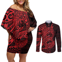 Red Couple Dolphins Maori Polynesian Style Couples Matching Off Shoulder Short Dress and Long Sleeve Button Shirt LT9 Red - Polynesian Pride