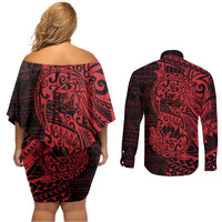 Red Couple Dolphins Maori Polynesian Style Couples Matching Off Shoulder Short Dress and Long Sleeve Button Shirt LT9 - Polynesian Pride