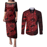 Red Couple Dolphins Maori Polynesian Style Couples Matching Puletasi and Long Sleeve Button Shirt LT9 Red - Polynesian Pride