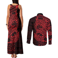 Red Couple Dolphins Maori Polynesian Style Couples Matching Tank Maxi Dress and Long Sleeve Button Shirt
