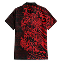 Red Couple Dolphins Maori Polynesian Style Family Matching Off The Shoulder Long Sleeve Dress and Hawaiian Shirt