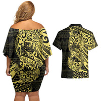 Yellow Couple Dolphins Maori Polynesian Style Couples Matching Off Shoulder Short Dress and Hawaiian Shirt LT9 - Polynesian Pride