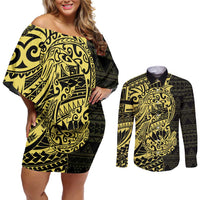 Yellow Couple Dolphins Maori Polynesian Style Couples Matching Off Shoulder Short Dress and Long Sleeve Button Shirt LT9 Yellow - Polynesian Pride