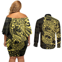 Yellow Couple Dolphins Maori Polynesian Style Couples Matching Off Shoulder Short Dress and Long Sleeve Button Shirt LT9 - Polynesian Pride