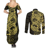 Yellow Couple Dolphins Maori Polynesian Style Couples Matching Summer Maxi Dress and Long Sleeve Button Shirt LT9 - Polynesian Pride