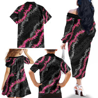 Guam Bougainvillea Lei Family Matching Off The Shoulder Long Sleeve Dress and Hawaiian Shirt Chamorro Tribal Pattern