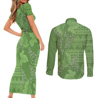Hawaii Molokai Island Kukui Nut Flowers Couples Matching Short Sleeve Bodycon Dress and Long Sleeve Button Shirt Tribal Kakau Pattern