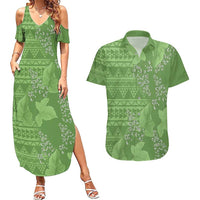 Hawaii Molokai Island Kukui Nut Flowers Couples Matching Summer Maxi Dress and Hawaiian Shirt Tribal Kakau Pattern