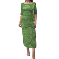 Hawaii Molokai Island Kukui Nut Flowers Puletasi Tribal Kakau Pattern LT9 Long Dress Green - Polynesian Pride