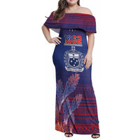 Custom Samoa 1962 Independence Day Custom Family Matching Off Shoulder Maxi Dress and Hawaiian Shirt Manuia le Aso Tuto'atasi Ula Nifo Blue Art