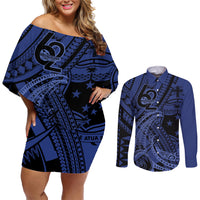 Custom Samoa 62nd Manuia le Aso Tuto'atasi Couples Matching Off Shoulder Short Dress and Long Sleeve Button Shirt Samoan Tatau Blue Art LT9 Blue - Polynesian Pride