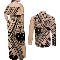 Custom Samoa Manuia le 62 Tausaga O le Tuto’atasi Couples Matching Off Shoulder Maxi Dress and Long Sleeve Button Shirt Samoan Tatau Beige Art