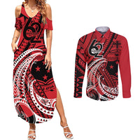 Custom Samoa Manuia le 62 Tausaga O le Tuto’atasi Couples Matching Summer Maxi Dress and Long Sleeve Button Shirt Samoan Tatau Red Art