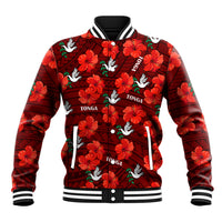 Tonga Rugby Baseball Jacket Polynesian Style With Hibiscus LT9 Unisex Red - Polynesian Pride