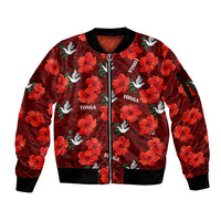 (Custom Text And Number) Tonga Rugby Sleeve Zip Bomber Jacket Polynesian Style With Hibiscus LT9 Unisex Red - Polynesian Pride