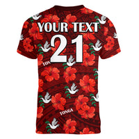 (Custom Text And Number) Tonga Rugby Women V Neck T Shirt Polynesian Style With Hibiscus LT9 - Polynesian Pride