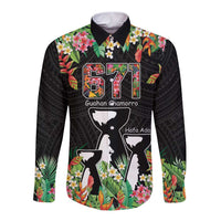 671 Guam Personalised Long Sleeve Button Shirt Latte Stone and Tropical Flowers LT9 Unisex Black - Polynesian Pride