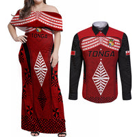 Tonga Rugby Couples Matching Off Shoulder Maxi Dress and Long Sleeve Button Shirts Go Champions World Cup 2023 Ngatu Unique LT9 Red - Polynesian Pride