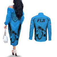 Fiji Rugby Couples Matching Off The Shoulder Long Sleeve Dress and Long Sleeve Button Shirts Go Champions World Cup 2023 Tapa Unique Blue Vibe LT9 - Polynesian Pride