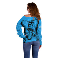 Custom Fiji Rugby Off Shoulder Sweater Go Champions World Cup 2023 Tapa Unique Blue Vibe LT9 - Polynesian Pride