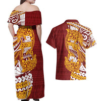 Couple Dolphins Maori Motif Couples Matching Off Shoulder Maxi Dress and Hawaiian Shirt - Polynesian Pride