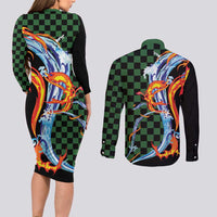 Japanese Asanoha Pattern Couples Matching Long Sleeve Bodycon Dress and Long Sleeve Button Shirt Sun Flame Slayer Dragon Hinokami Kagura Spirit - Polynesian Pride