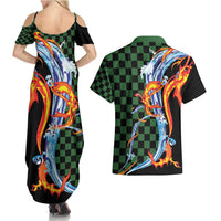 Japanese Asanoha Pattern Couples Matching Summer Maxi Dress and Hawaiian Shirt Sun Flame Slayer Dragon Hinokami Kagura Spirit - Polynesian Pride