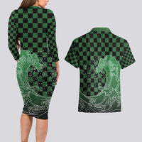 Japanese Asanoha Pattern Couples Matching Long Sleeve Bodycon Dress and Hawaiian Shirt Water Breathing Slayer Dragon - Polynesian Pride
